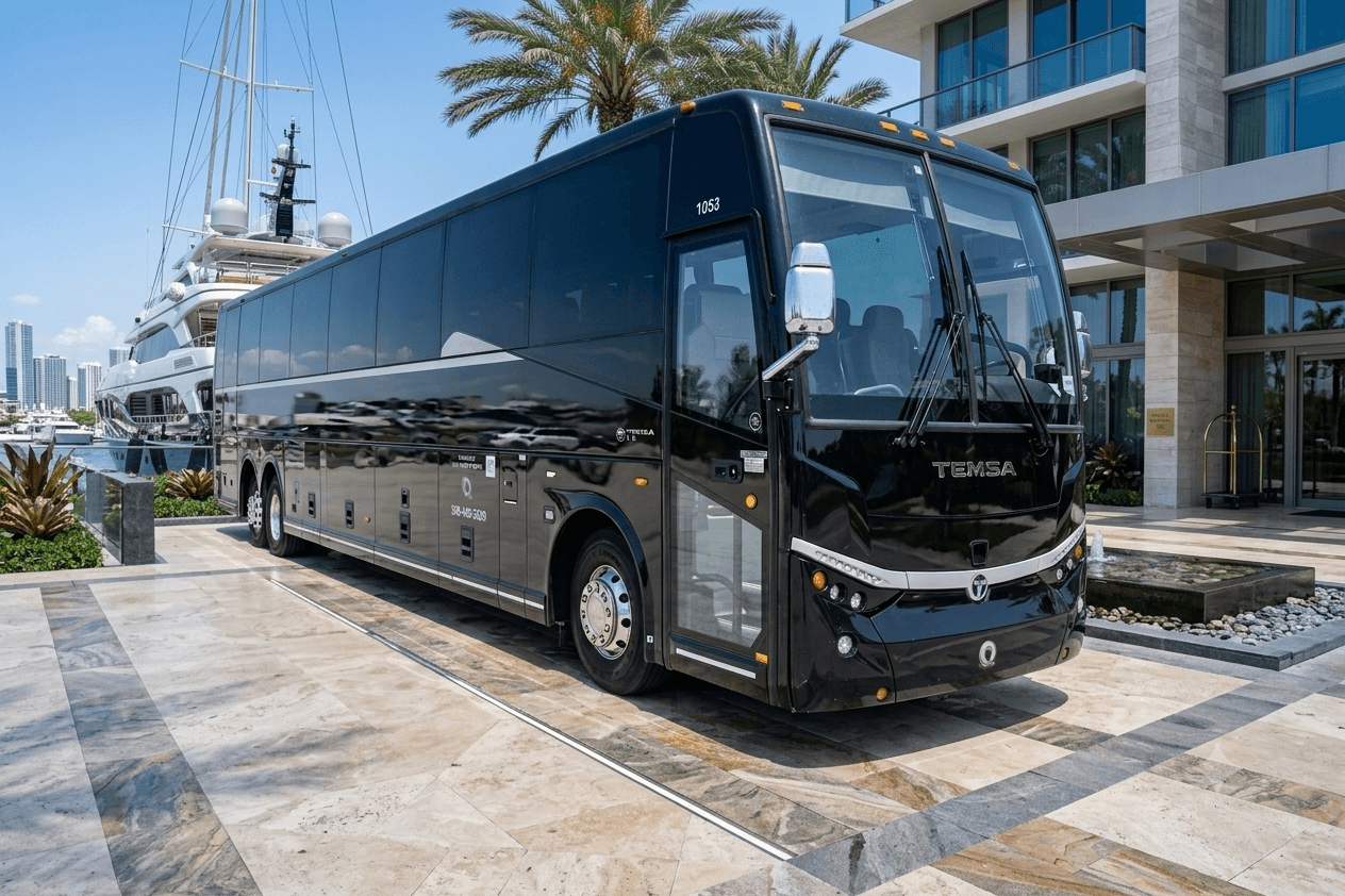 Miami Bus Company vehicle inspected and ready for a cruise port departure
