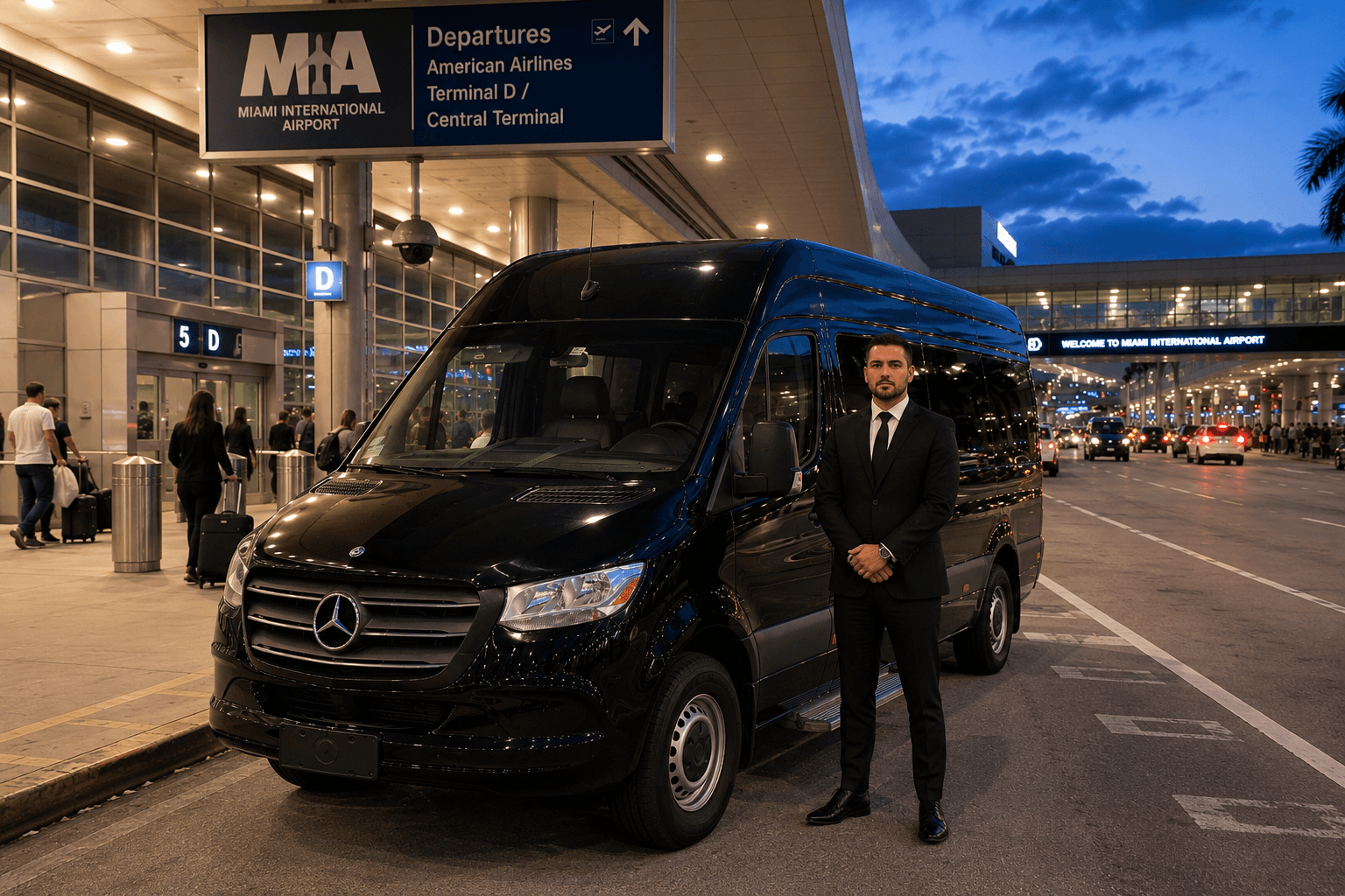 An Miami Bus Company chauffeur standing beside a Sprinter van at the Miami International Airport departures curb at dusk
