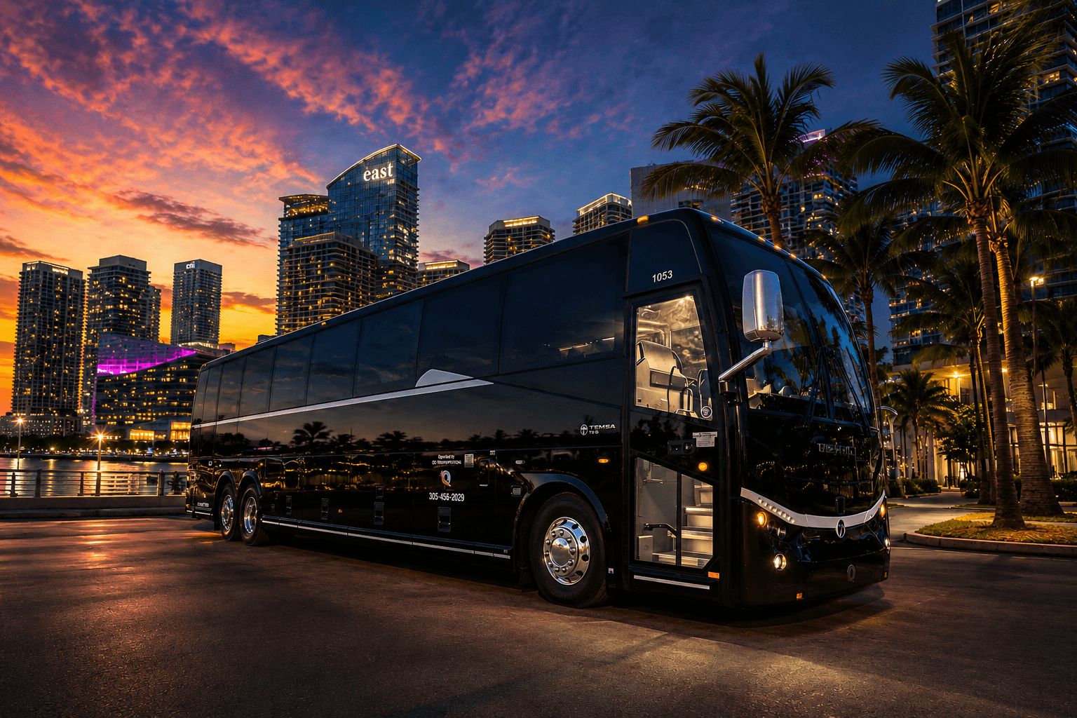 Black luxury motor coach parked at dusk on the Miami waterfront, skyline glowing behind it