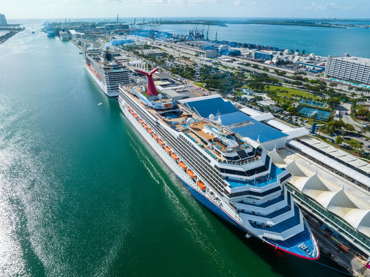 Aerial view of cruise ships docked at PortMiami