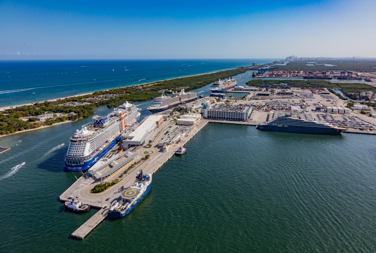 Aerial view of cruise ships docked at Port Everglades