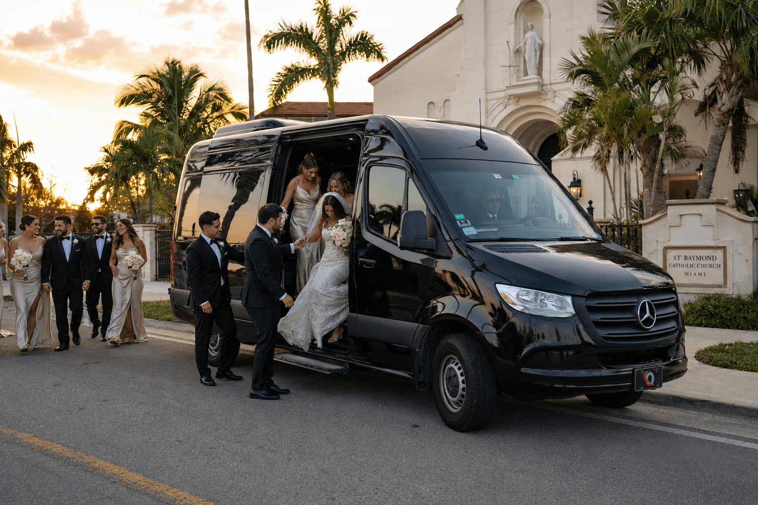 A wedding party boarding a Miami Bus Company Sprinter van outside a church at sunset