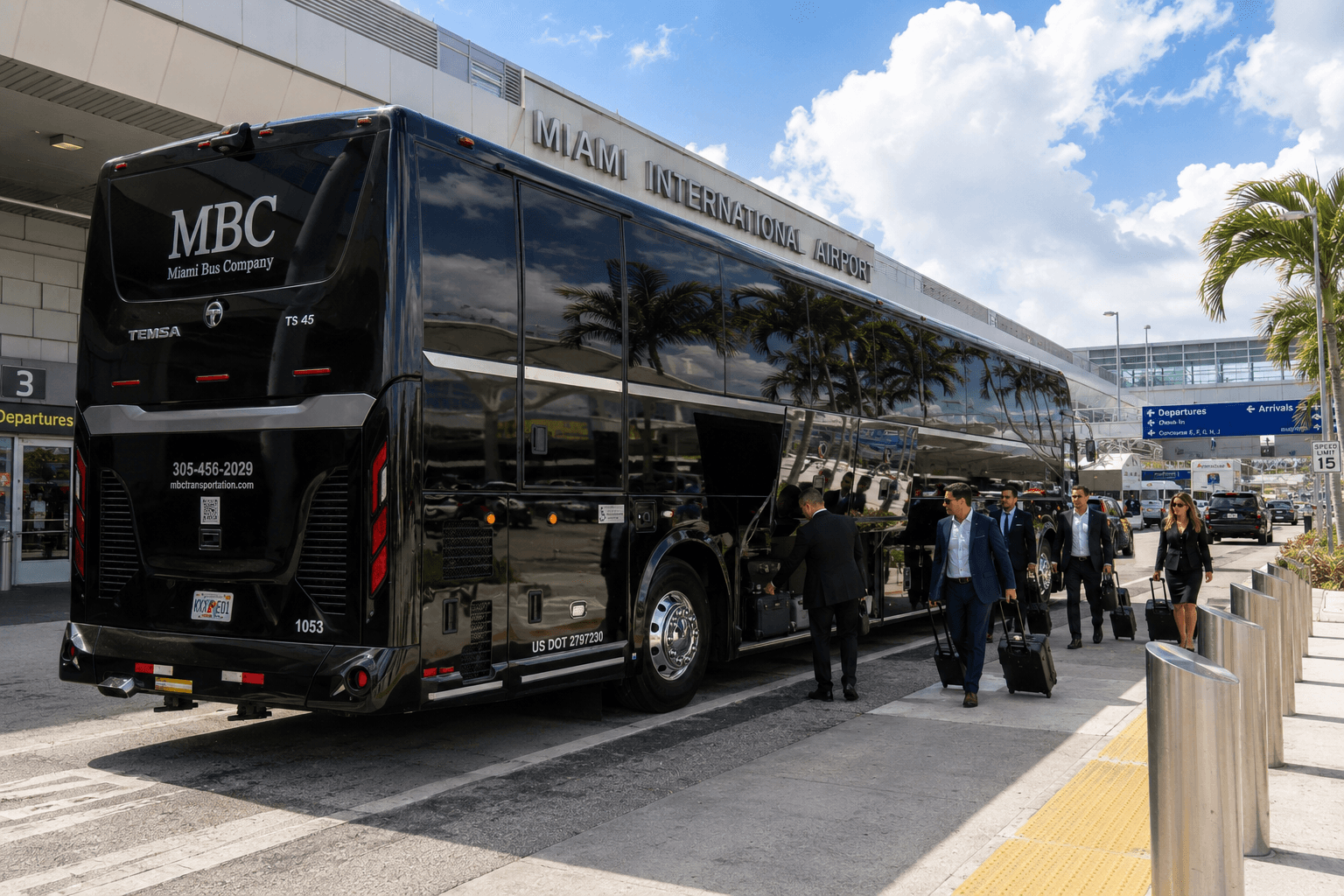 Miami Bus Company motorcoach picking up a group at Miami International Airport
