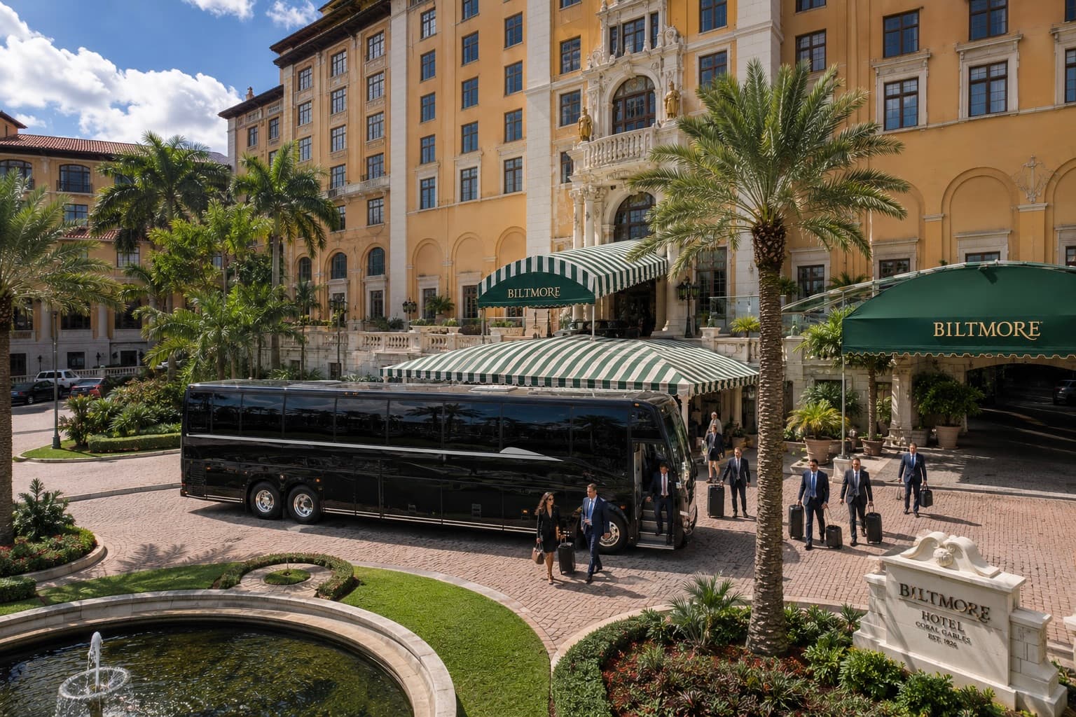 Miami Bus Company motorcoach parked outside a Miami landmark hotel on a city sightseeing tour