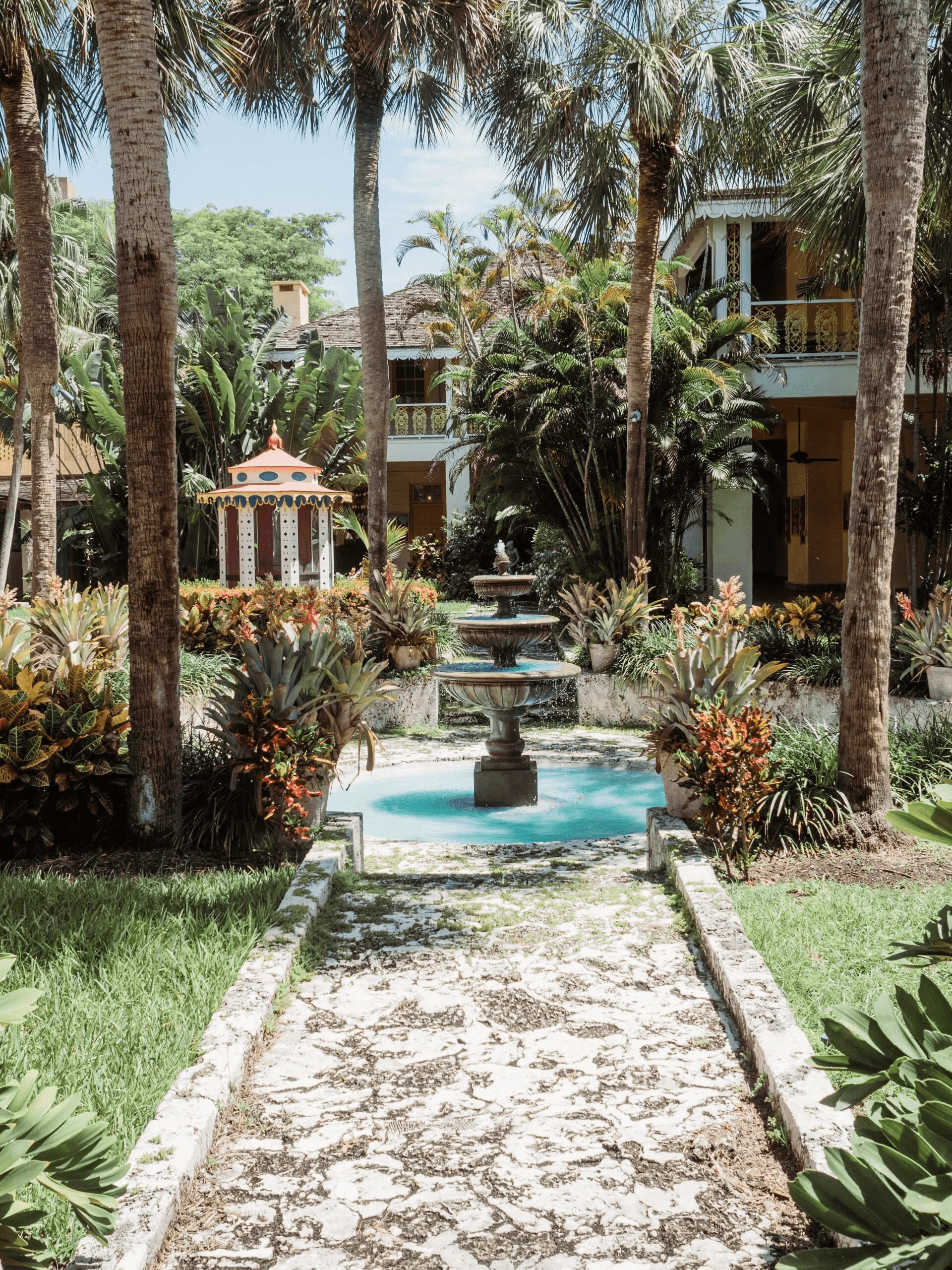 A fountain courtyard in the tropical gardens of Bonnet House in Fort Lauderdale