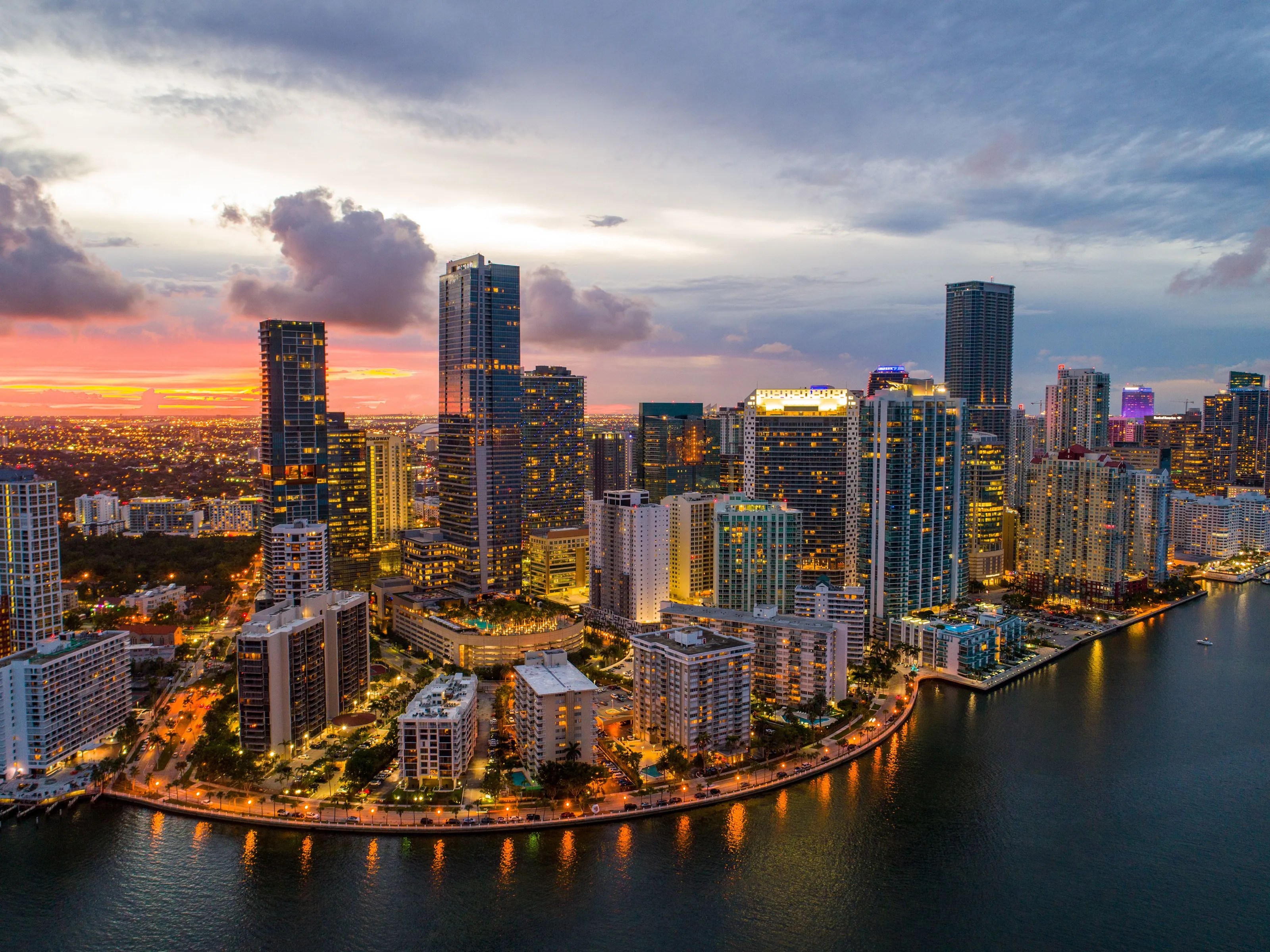 Aerial view of the Miami skyline at dusk