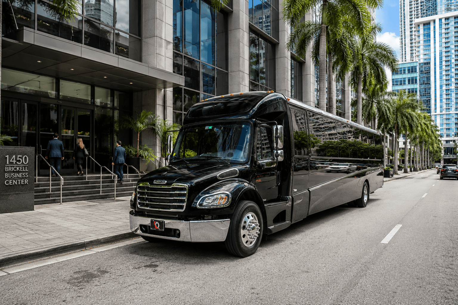 Corporate team boarding a Miami Bus Company mini coach outside a downtown Miami office building