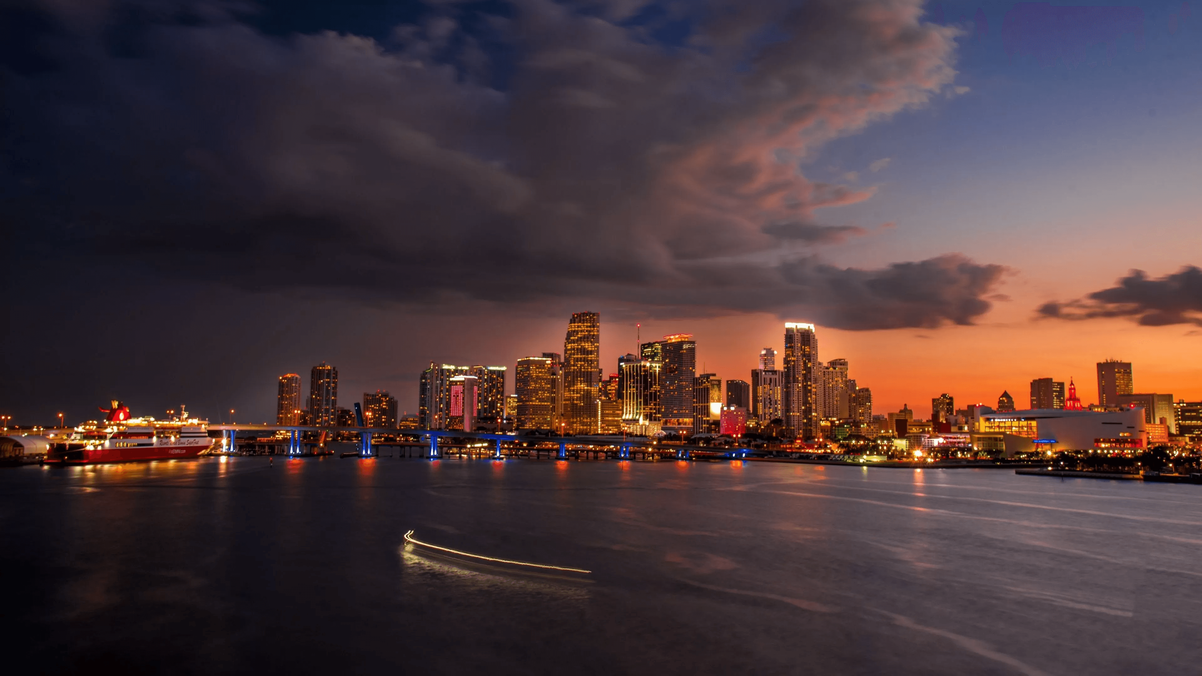 Downtown Miami skyline and waterfront at dusk