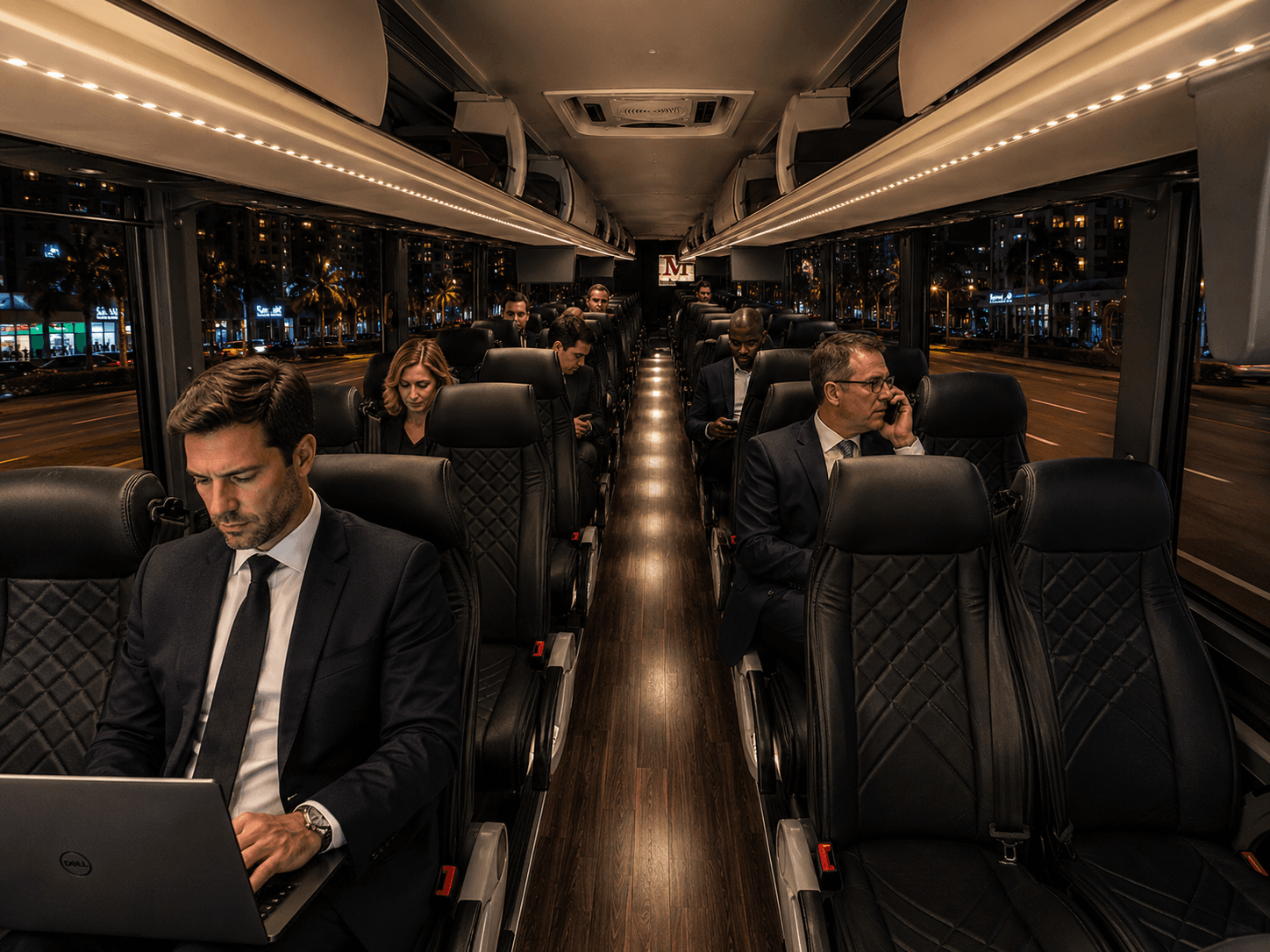 Corporate passengers seated aboard a Miami Bus Company motorcoach at night
