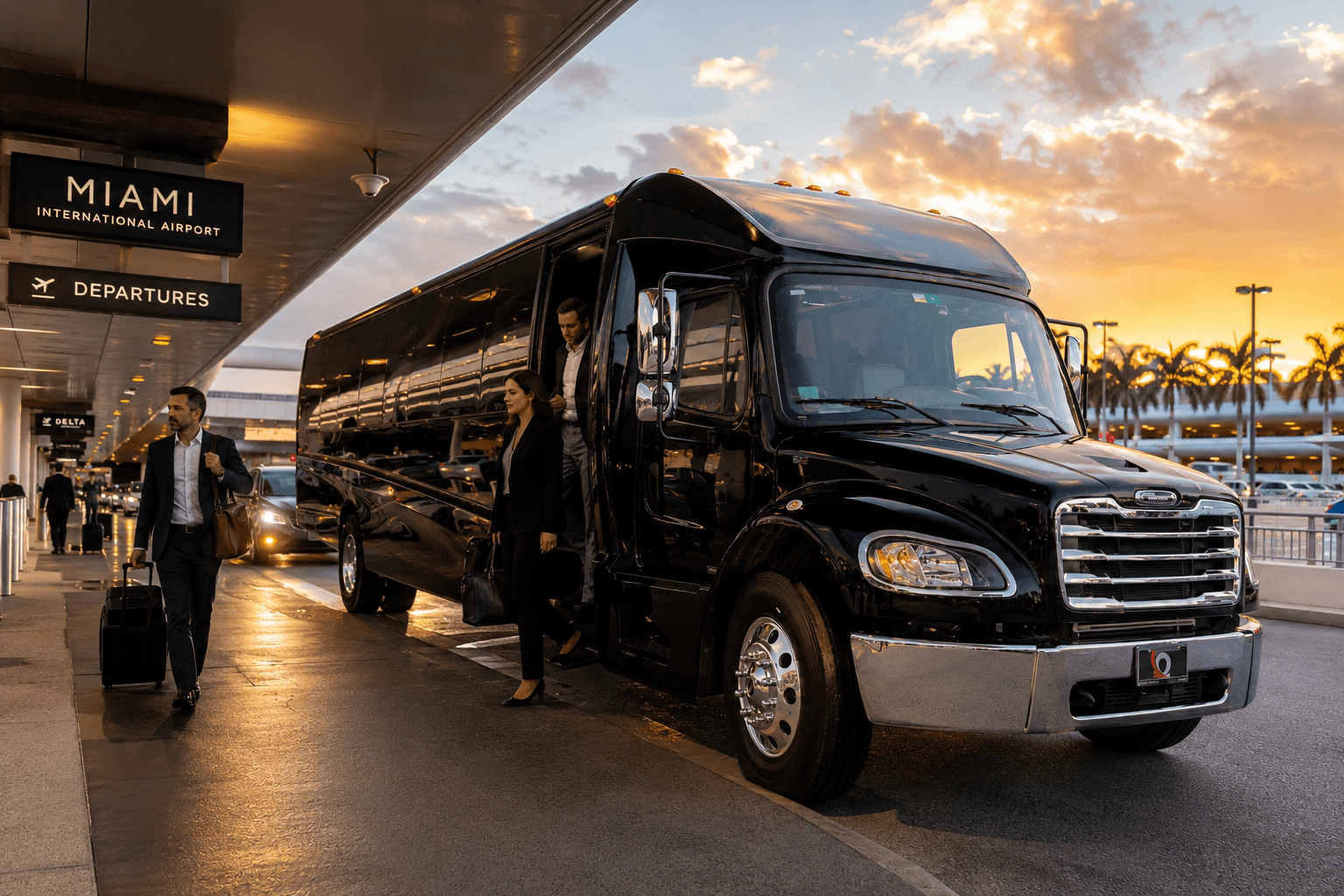Group arriving at the airport for a transfer aboard a Miami Bus Company mini coach