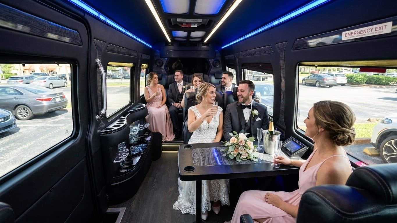 Wedding party boarding a Miami Bus Company Sprinter van