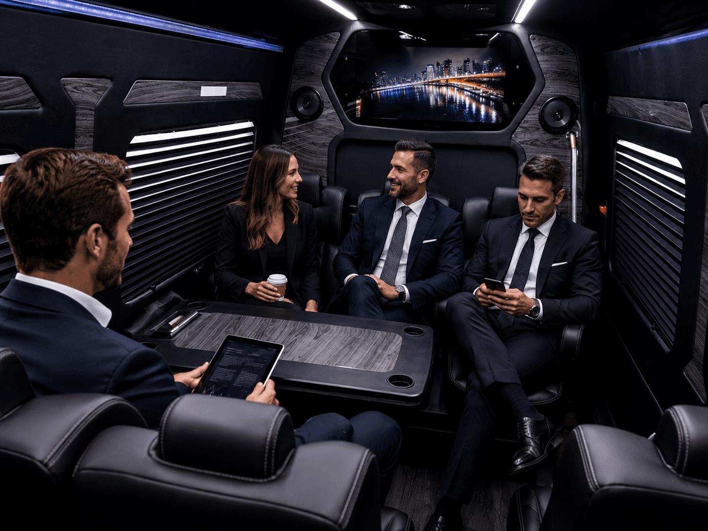 A small group seated around a conference table inside a Miami Bus Company Sprinter VIP interior at night
