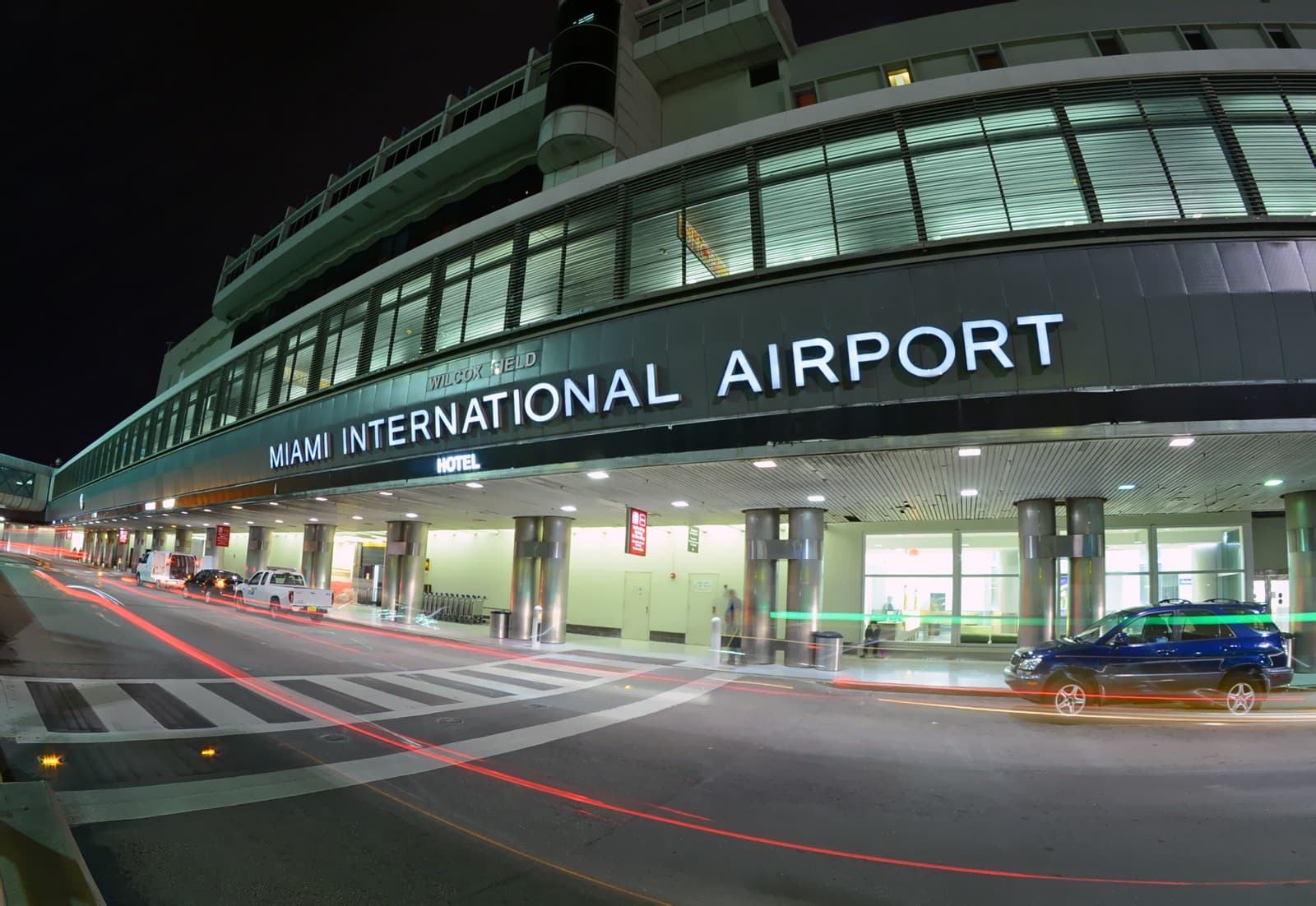 The Miami International Airport terminal entrance at night