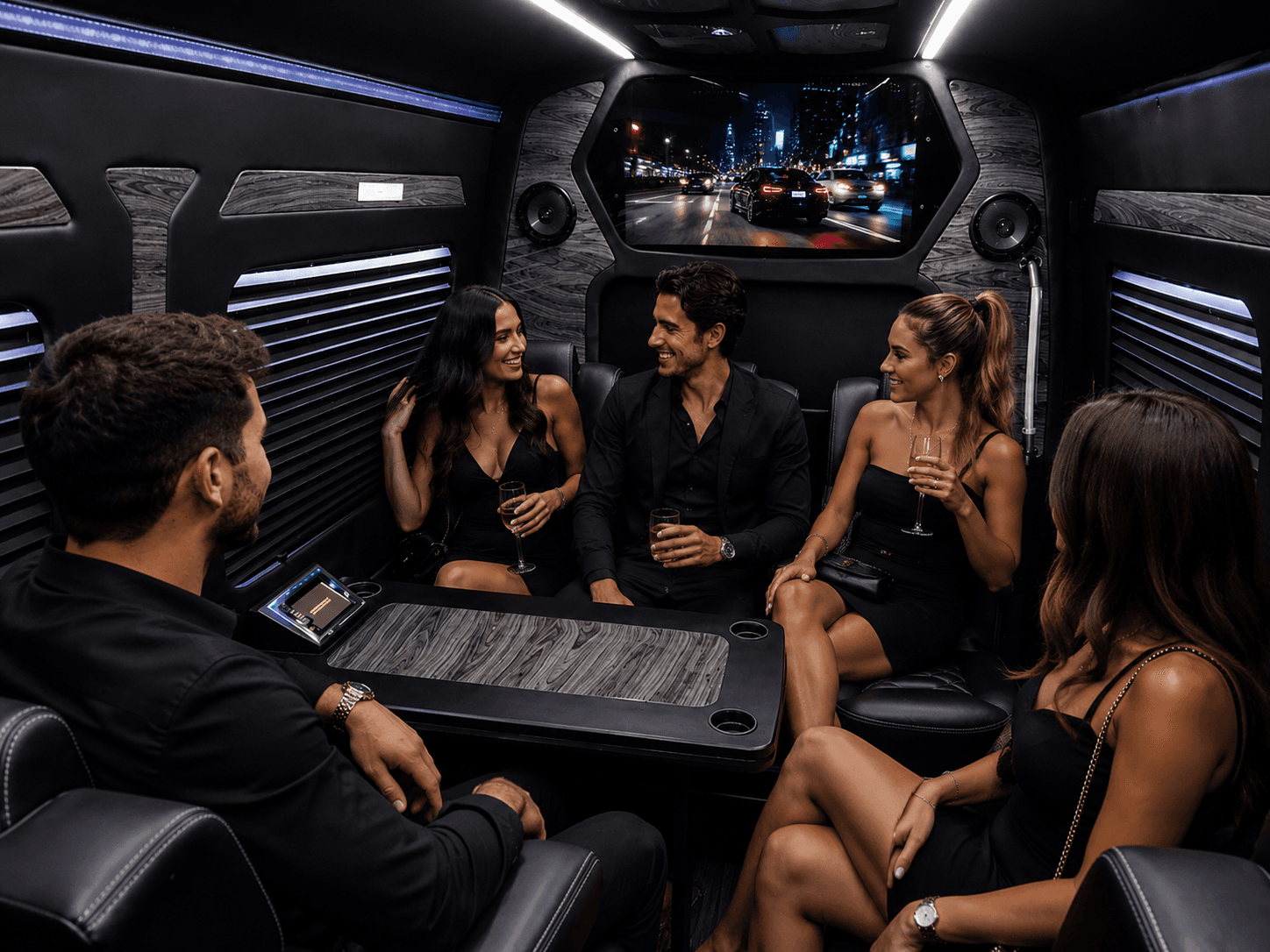 A group dressed for a night out socializing inside a Miami Bus Company Sprinter van interior