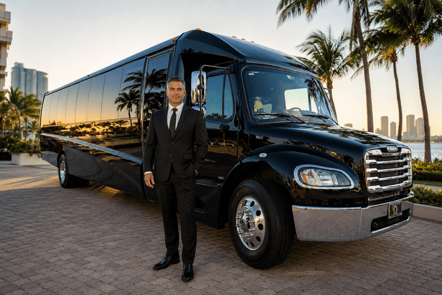 An Miami Bus Company chauffeur standing beside a mini coach with the Miami skyline behind him