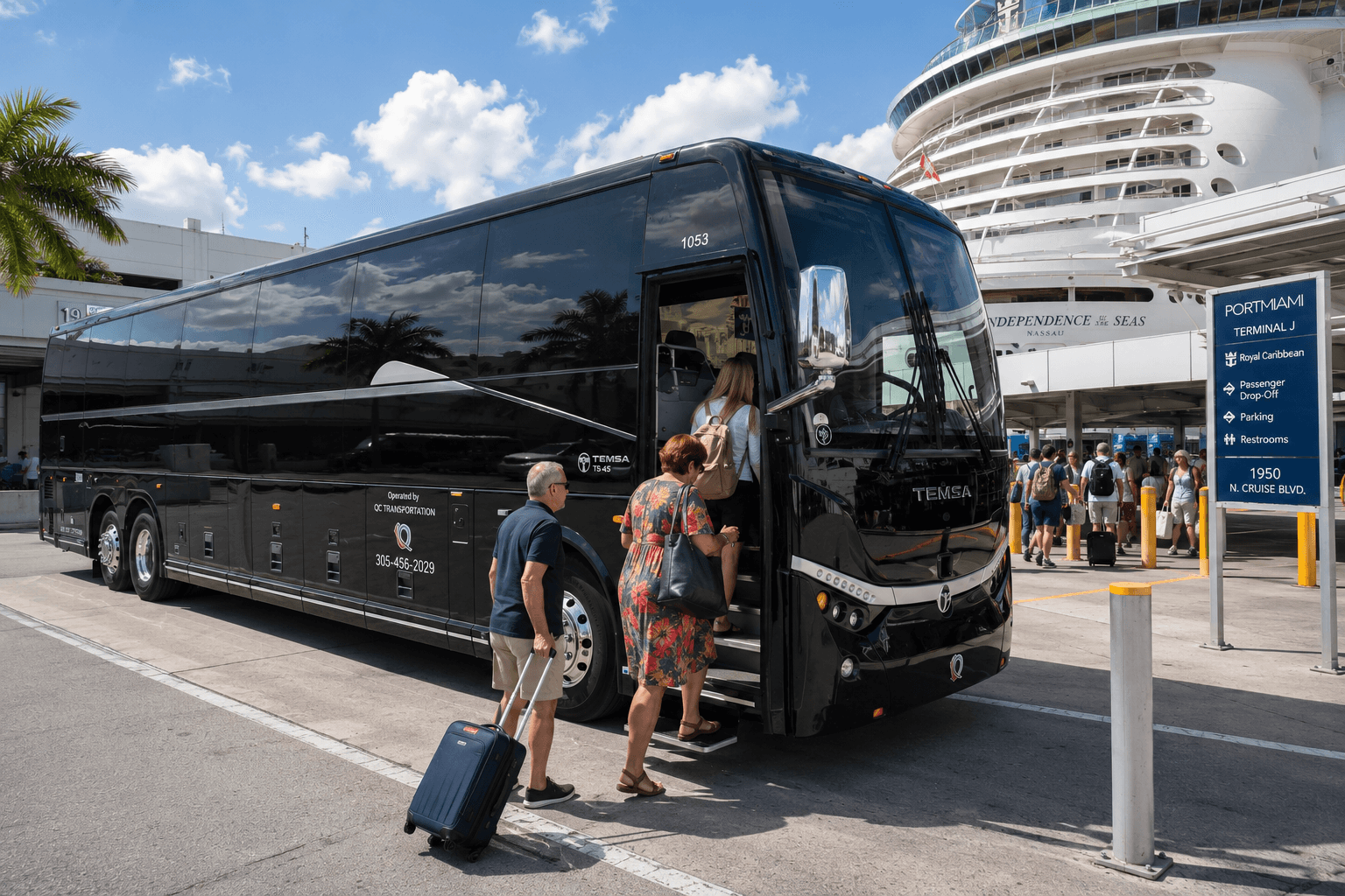 Passengers boarding a Miami Bus Company motorcoach at PortMiami Terminal J beside a Royal Caribbean cruise ship