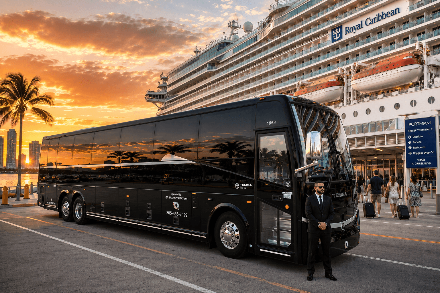 An Miami Bus Company motorcoach and chauffeur at PortMiami beside a Royal Caribbean cruise ship at sunset