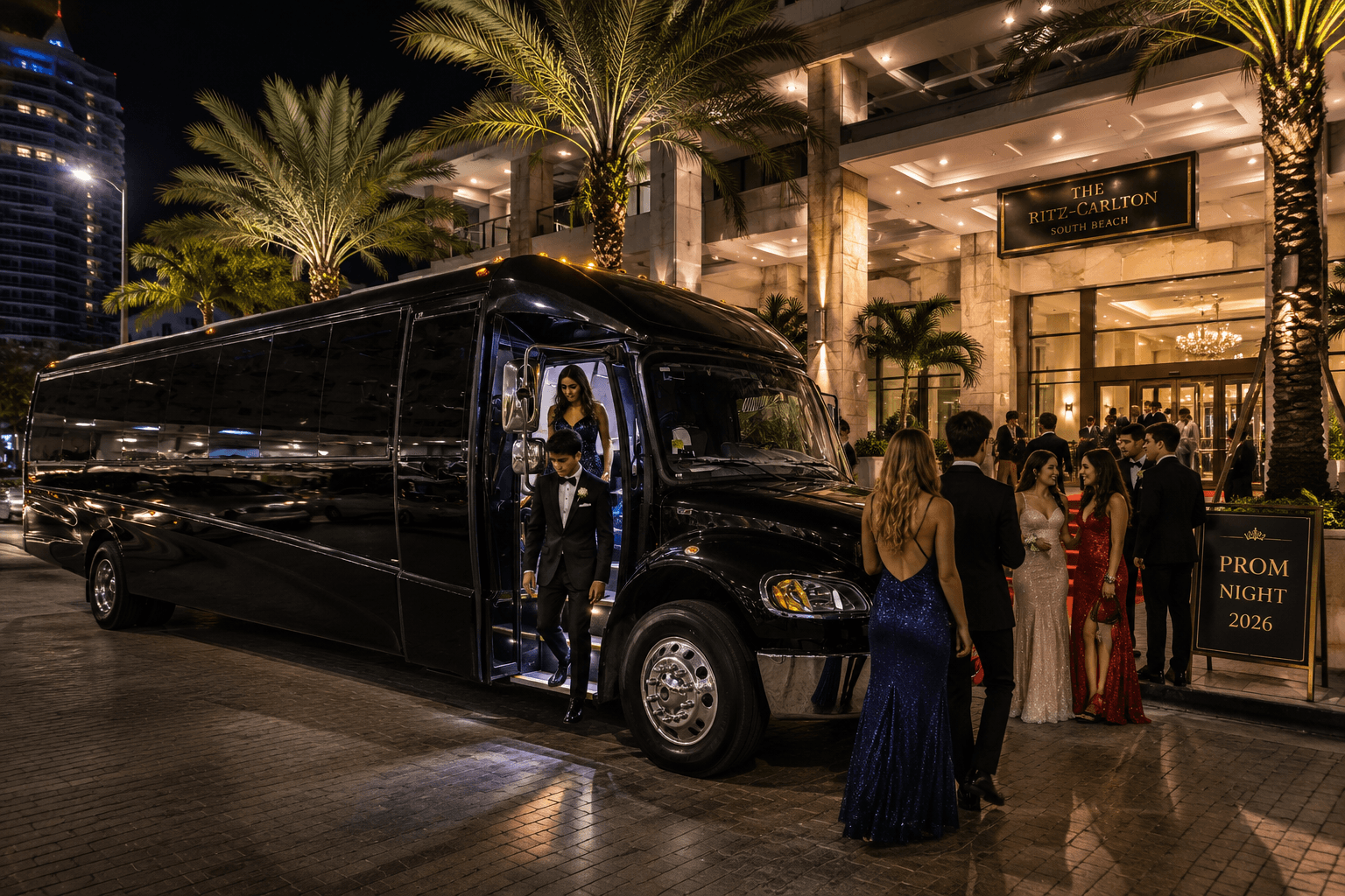 Prom attendees boarding a Miami Bus Company mini coach outside the Ritz-Carlton at night