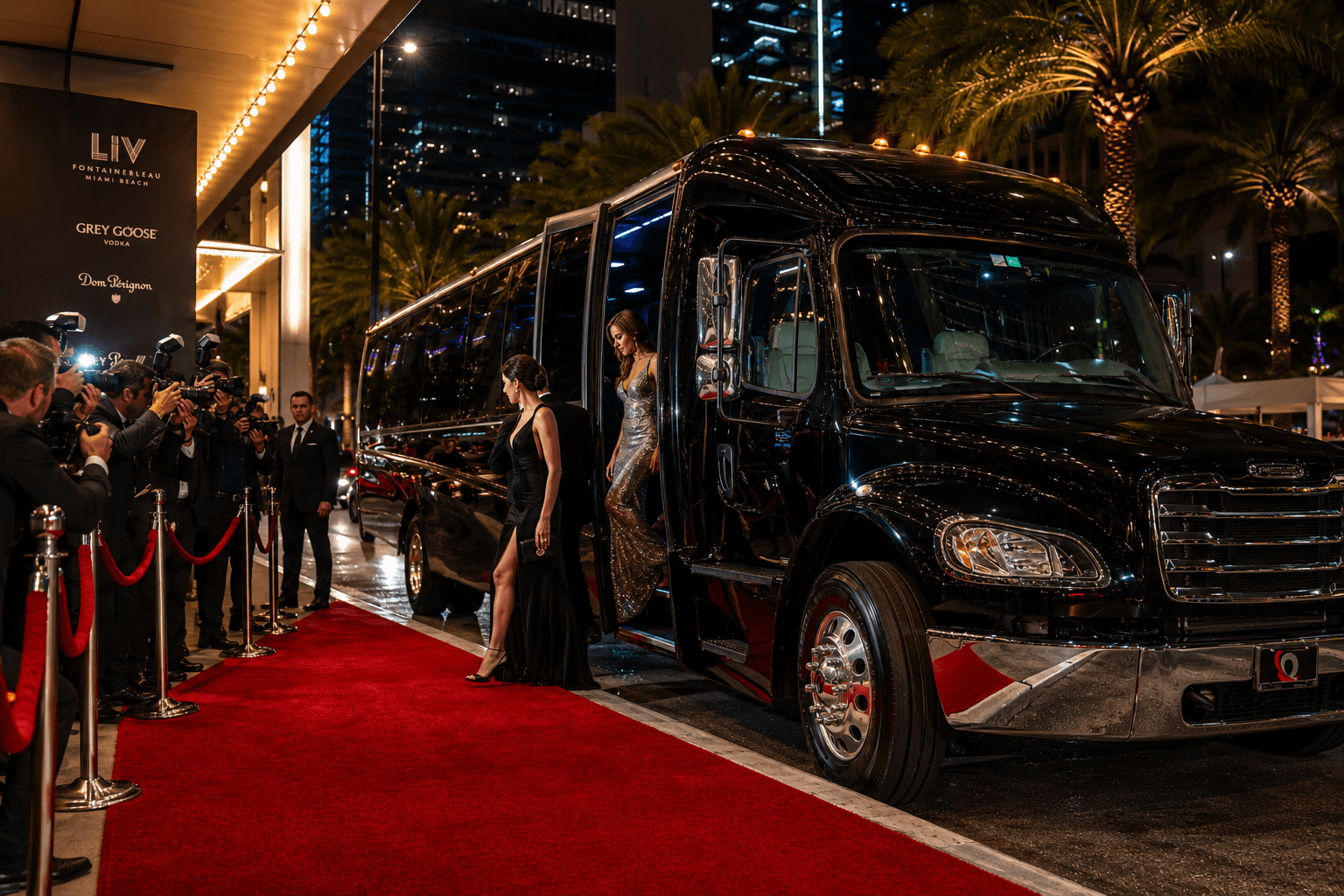 Wedding party celebrating inside a Miami Bus Company mini coach