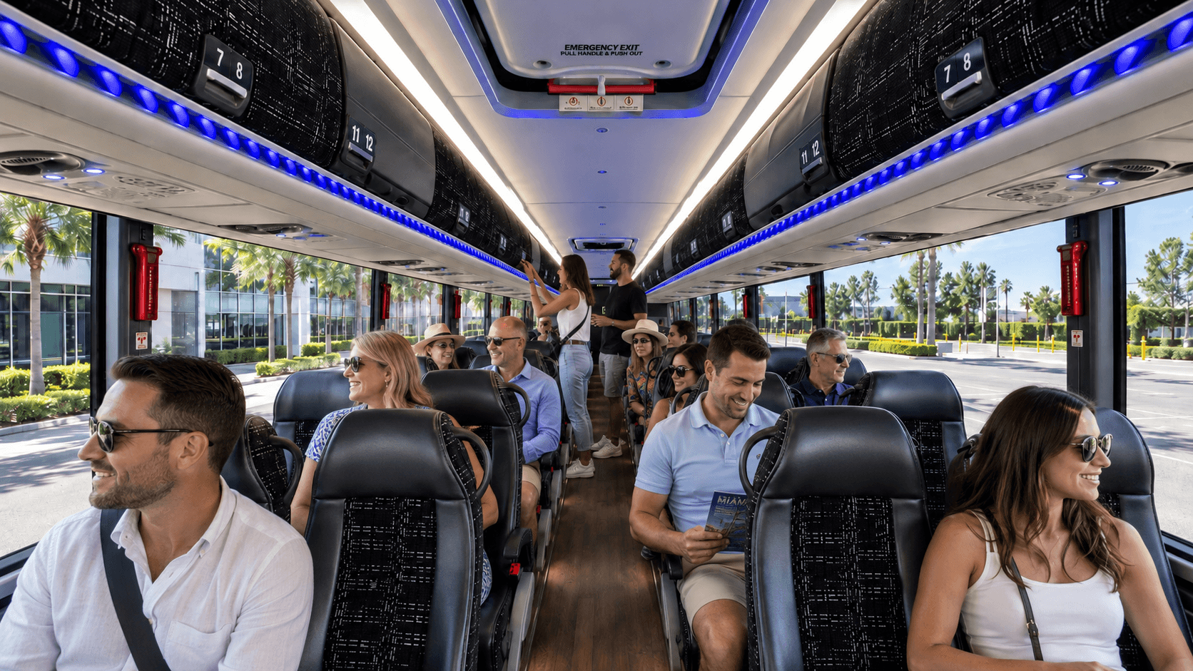 Passengers and a guide aboard a Miami Bus Company motorcoach