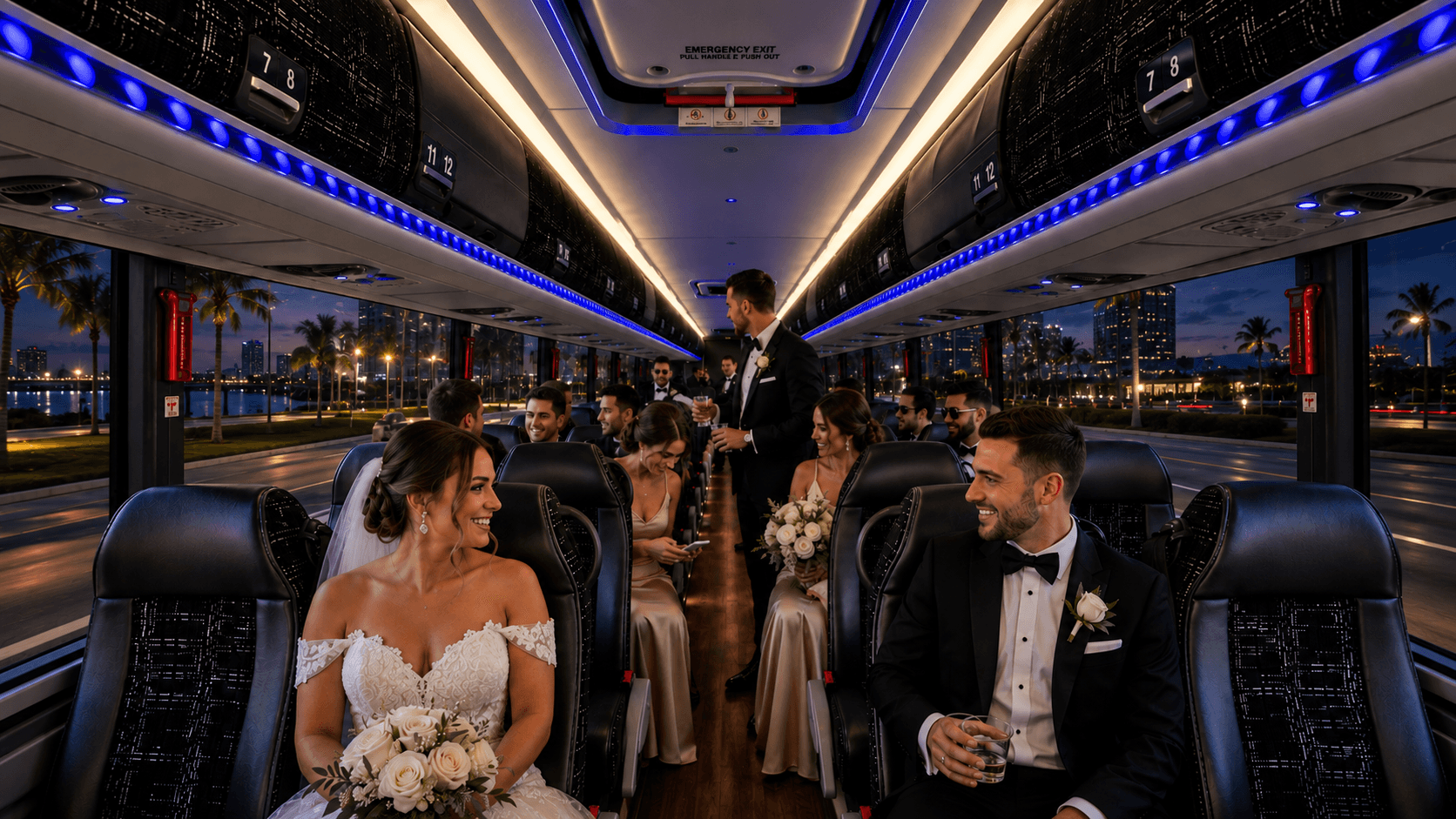 Wedding party celebrating inside a Miami Bus Company motorcoach